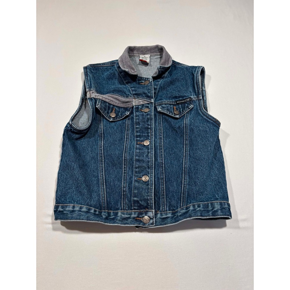 Western Ethics Vintage Denim Vest Medium Wash Grey Contrast Yoke Size M